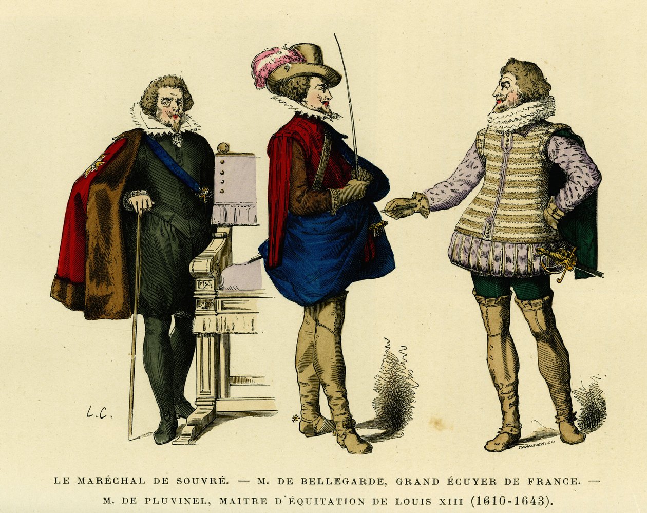 スーブルの厩務員（1626年没）、フランスのグラン・エキュイエール、ベルガルド公ロジェ・ド・サンラリー（1562年～1646年）、ルイ13世の乗馬師アントワーヌ・ド・プルヴィネル（1556年～1605年、1610年～1643年）の肖像画。カラー版画、「フランスとフランス」所収 作： フランス語学校