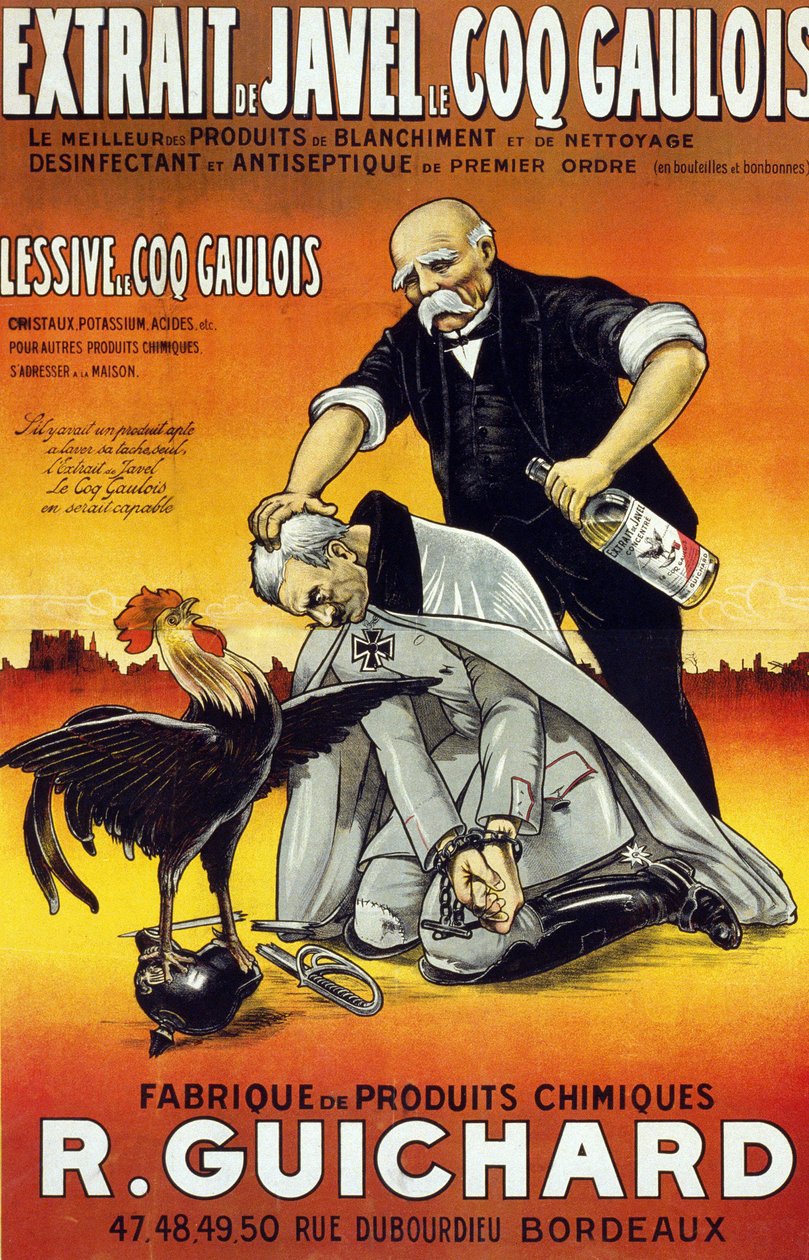 1917年にボルドーで発行されたポスター「漂白剤エキスLe Coq Gaulois-最高の漂白剤と洗浄剤-ファーストオーダーの消毒剤と防腐剤（瓶とボトルに入っている）-Manufacture de produits chimiques René Guichard」。 作： フランス語学校