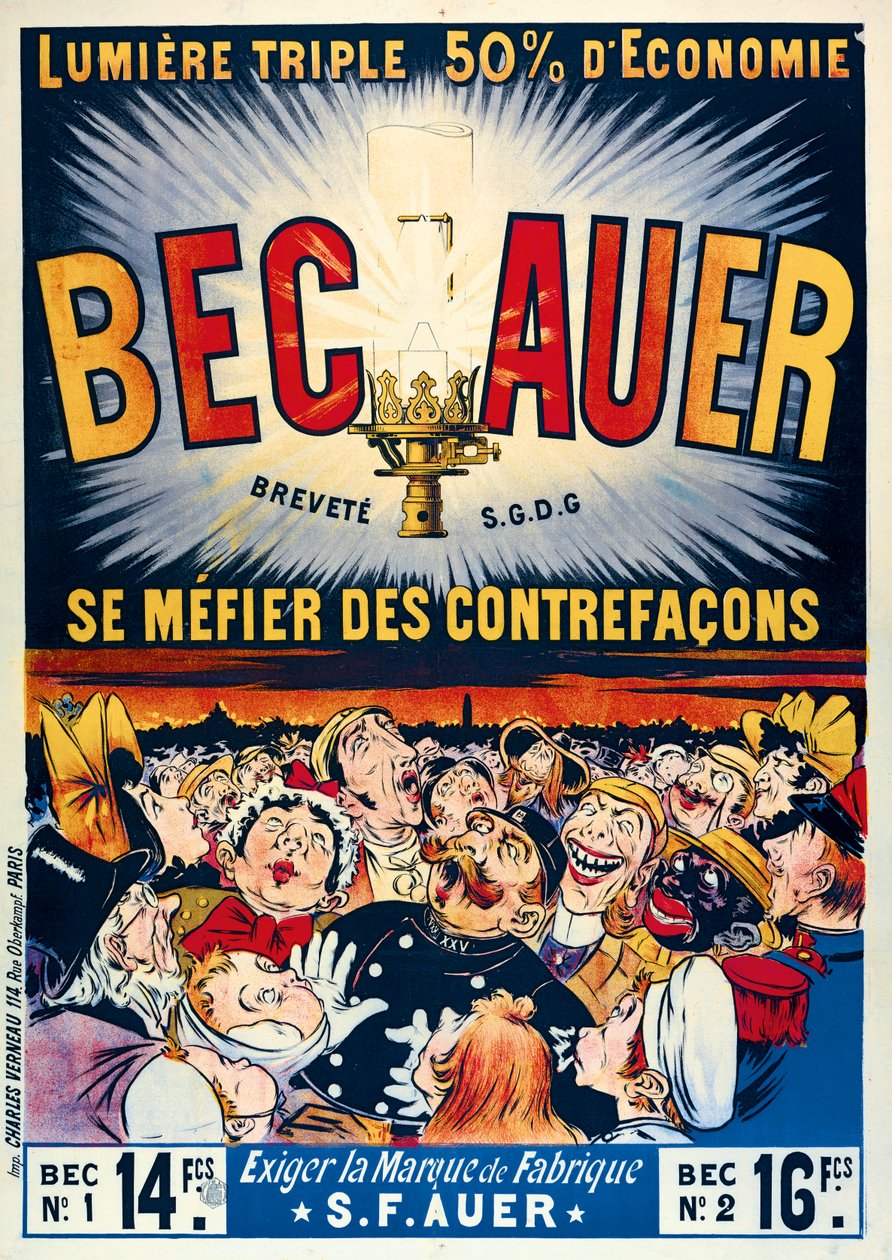 1890年、チャールズヴェルノーによって印刷された、Becauer石油ランプの広告ポスター 作： フランス語学校