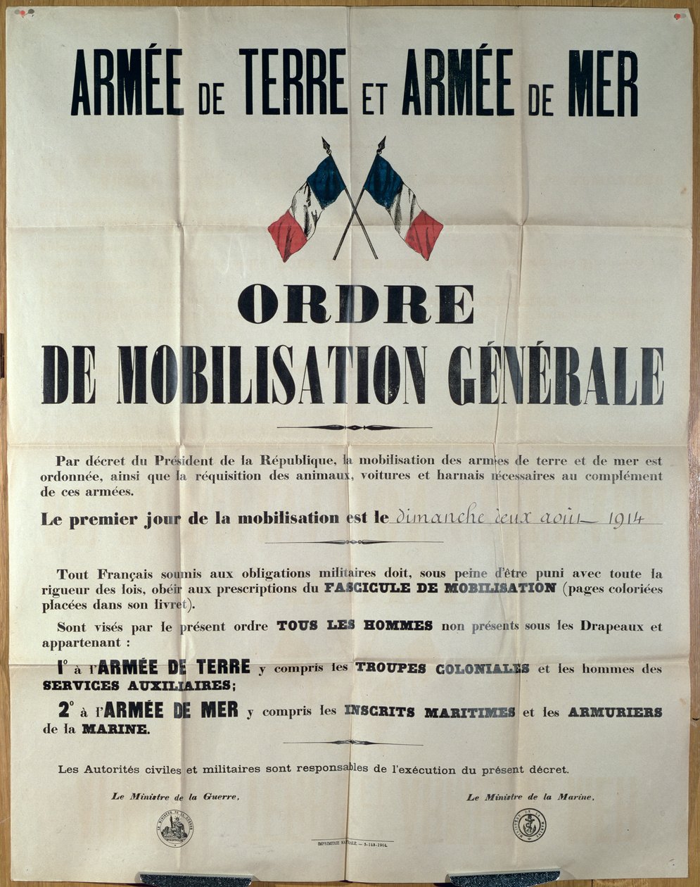 1914年8月2日、フランスの総動員を告げるポスター 作： フランス語学校