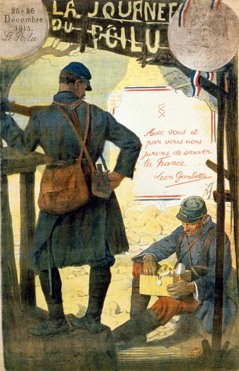 La journée du poilu - 25 et 26 décembre 1915」のポスター。Léon Gambettaの言葉「With you and by you we swear to save France」が記されている。(家族から送られてきた箱を開ける毛利）。) 作： フランス語学校