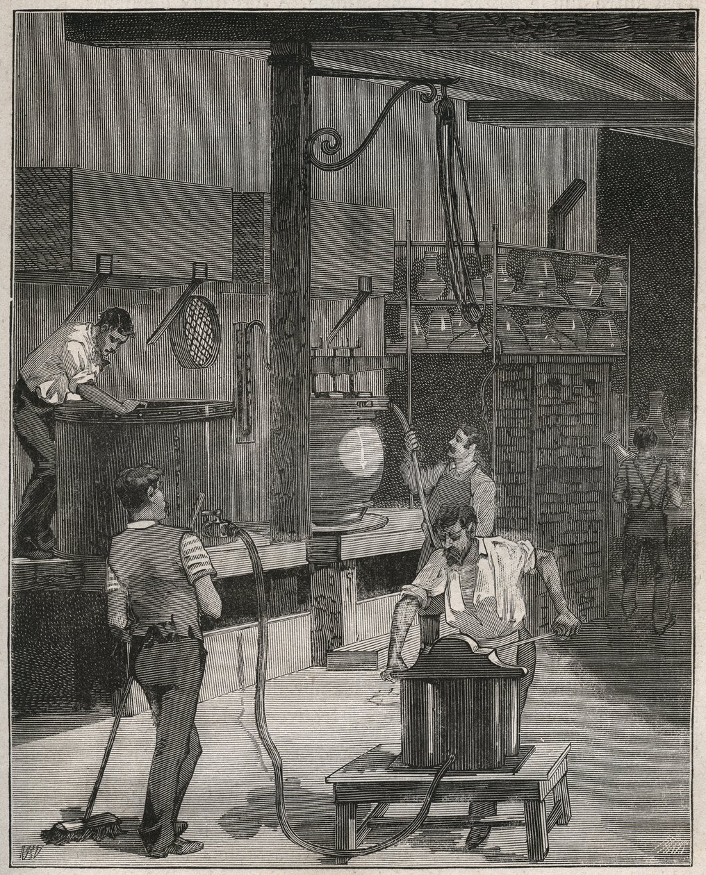 陶器、Manufacture de Sevres。真空・圧縮空気鋳造工場。Adolphe BITARDの "Les arts et metiers illustres "に掲載された1885年のエングレーヴィング。 作： フランス語学校