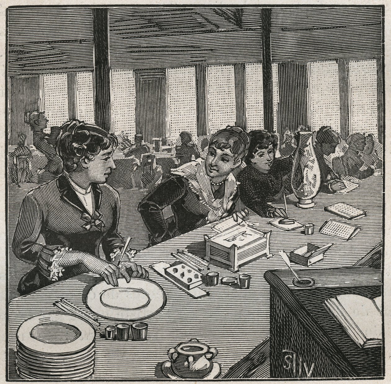 陶器：19世紀にフランスで行われた磁器の絵付けワークショップ。Adolphe BITARDの "Les arts et metiers illustres "に掲載された1880年のエングレーヴィング。 作： フランス語学校