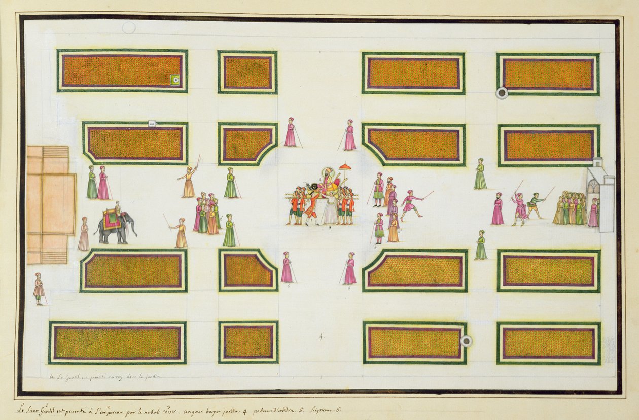 1774年に出版されたThe Gentil Albumから、Nawab Shuja ud-Daulaがアングルバーグの皇帝Shah AlamにGentilを贈呈 作： フランス語学校
