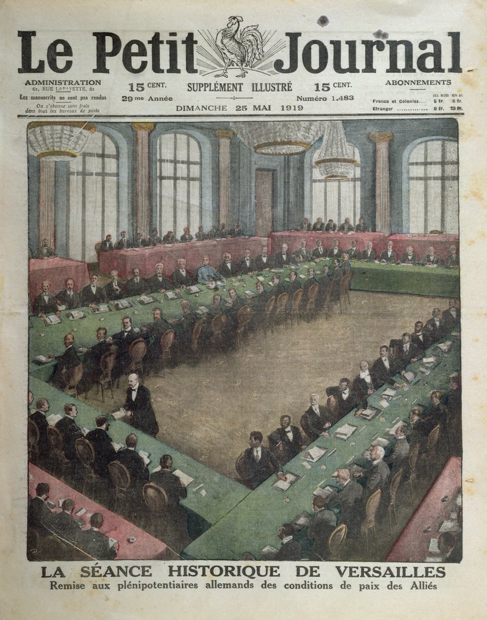1919年5月7日、1919年5月25日、ルプチジャーナルの表紙、ヴェルサイユでドイツ代表団に連合国平和条件を提示 作： フランス語学校