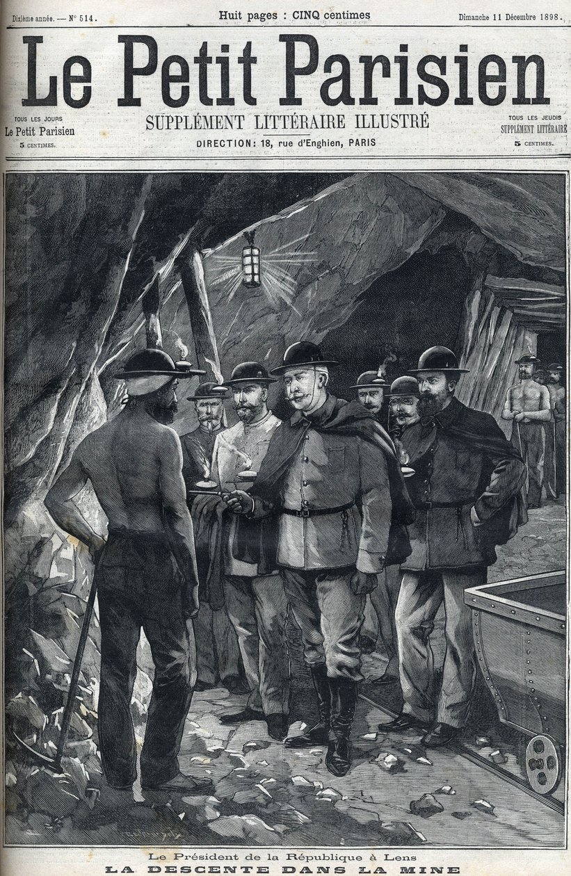 1898年12月、フランス共和国大統領フェリックス・フォールがレンズ鉱山を訪問。新聞「Le petit Parisien」の表紙。 作： フランス語学校