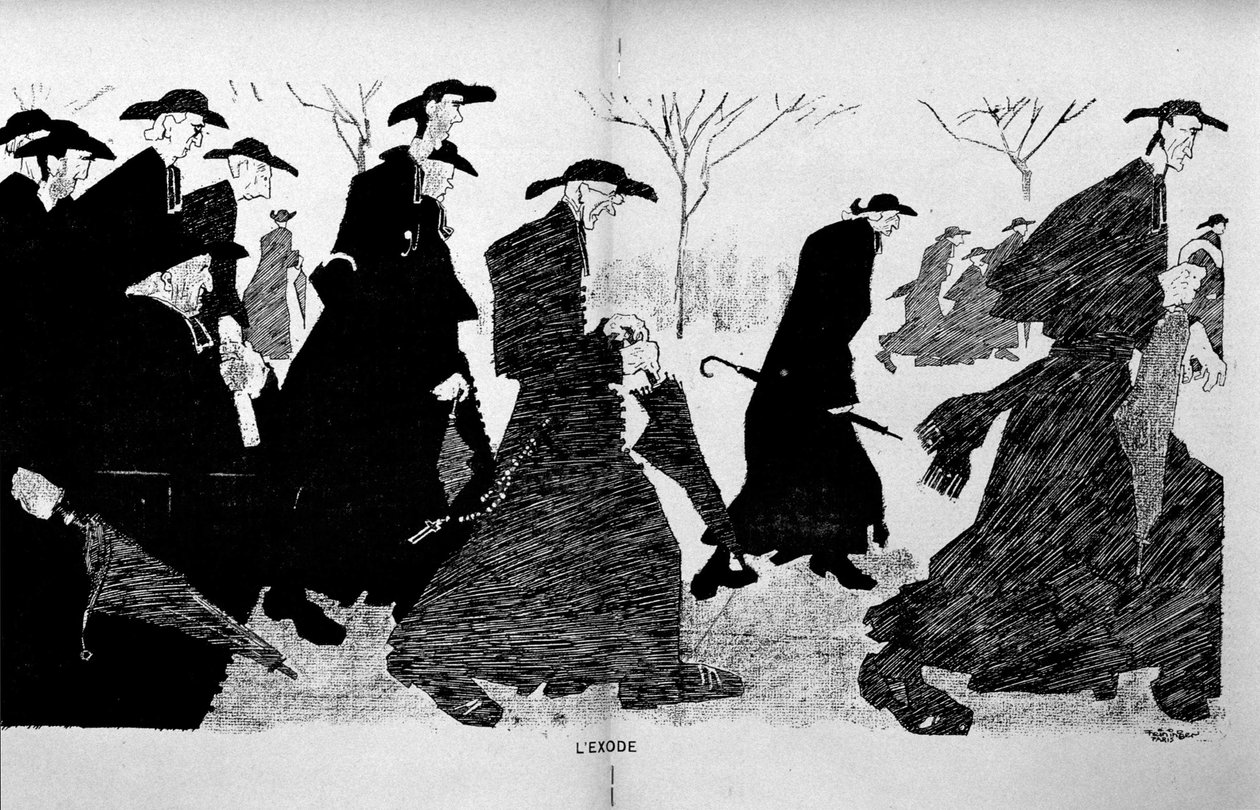 柱の中の司祭が逃げ出す（政教分離）-1906年12月29日の「The Witness」に掲載。 作： フランス語学校