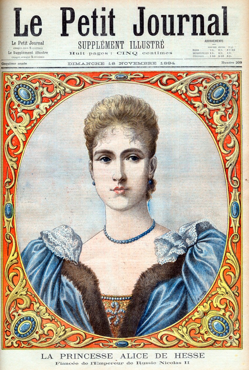 Prinzessin Alix von Hessen (Alexandra Fjodorowna) (Alexandra Fjodorowna Romanowa) Verlobte von Zar Nikolaus II. von Russland. Prinzessin Alice von Hessen und am Rhein (1872-1918). Verlobte des russischen Kaisers Nikolaus II. Illustration für Le Petit Journ von French School