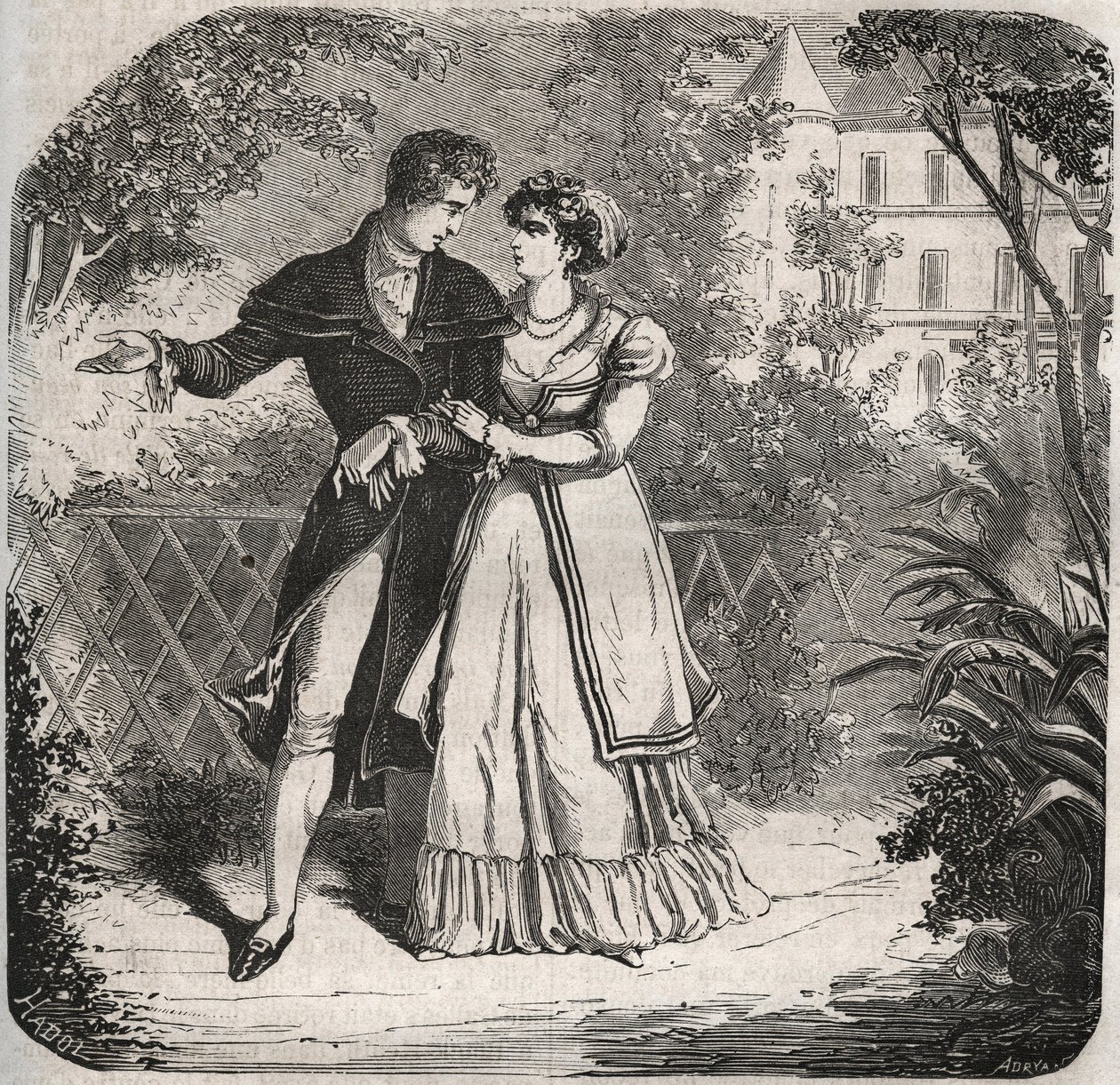 恋人のバルトロメオ・ベルガミと歩く、ブランズウィック家のカロリーナ王女（1768-1821）。ヘンリー・デ・コック（1819-1892）の『Histoire Des Cocus Celebres』に掲載された1871年のエングレーヴィング。 作： フランス語学校