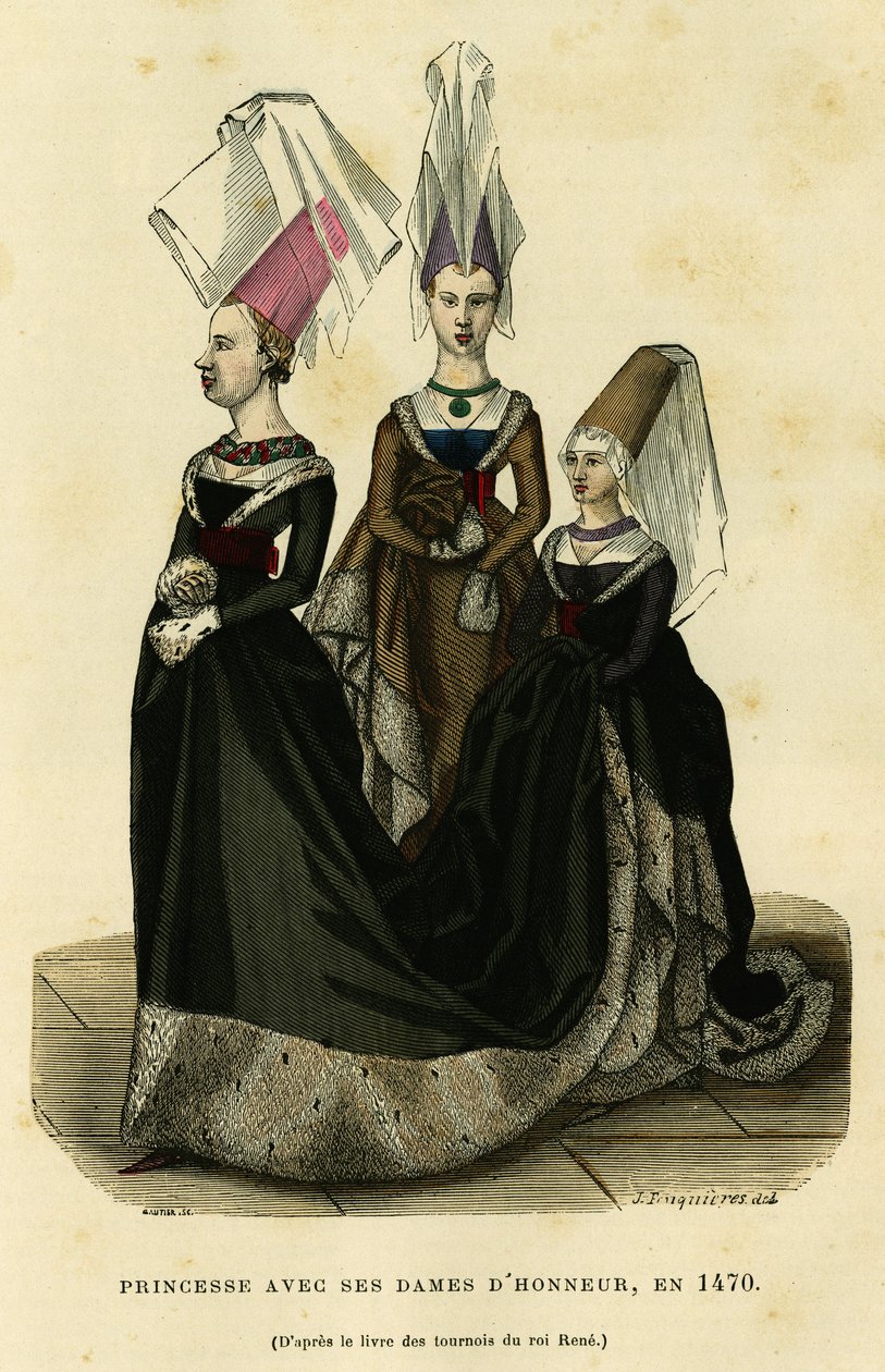 1470年頃、侍女たちと王女。1882年、パリ、オーギュスタン・シャラメル著、F.ロワ編集の「France et les francais a travers les siecles」所収のルネ王のトーナメント本に因んだカラー・エングレーヴィング。セルバ・コレクション。 作： フランス語学校