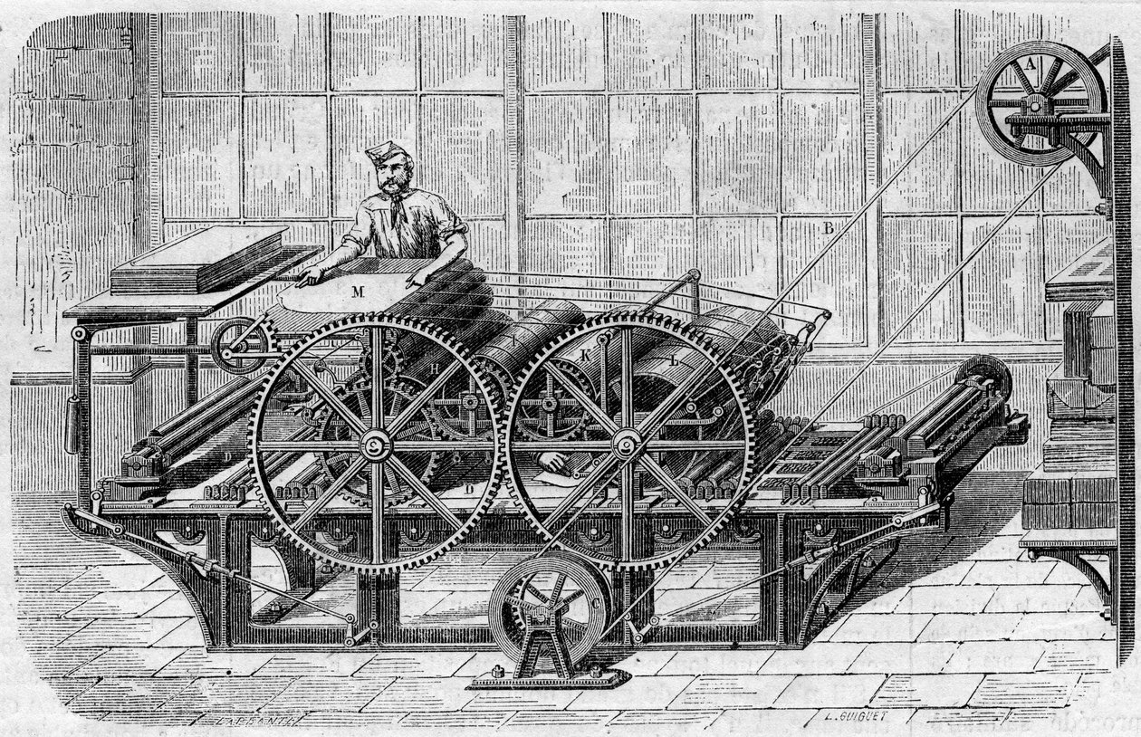 新聞の印刷：プリントを印刷する機械式プレス機 作： フランス語学校