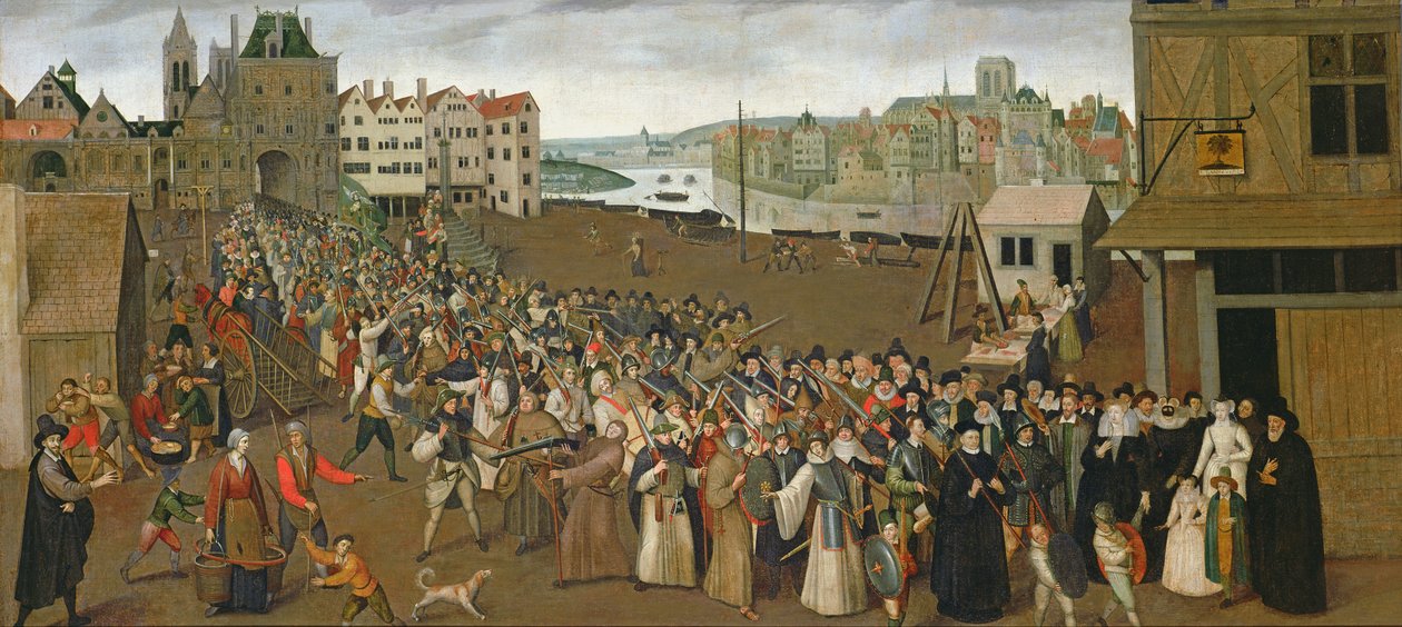 パリのサンジャンアーチを去る、グレーブ広場の聖リーグの行列、1590年〜3月 作： フランス語学校