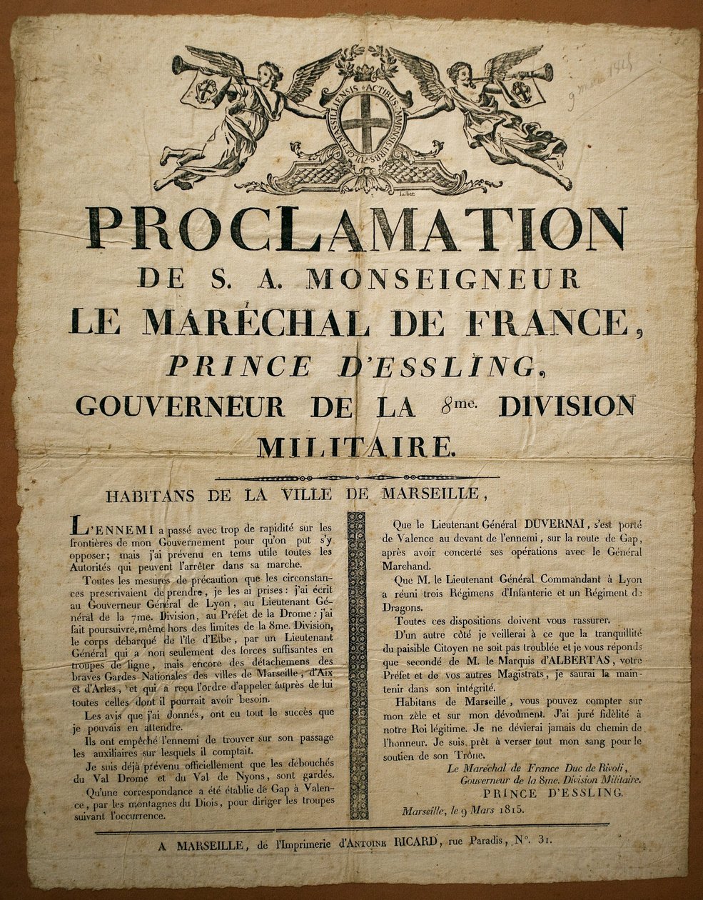 3月9日付、マルセイユ市の住民への布告 作： フランス語学校