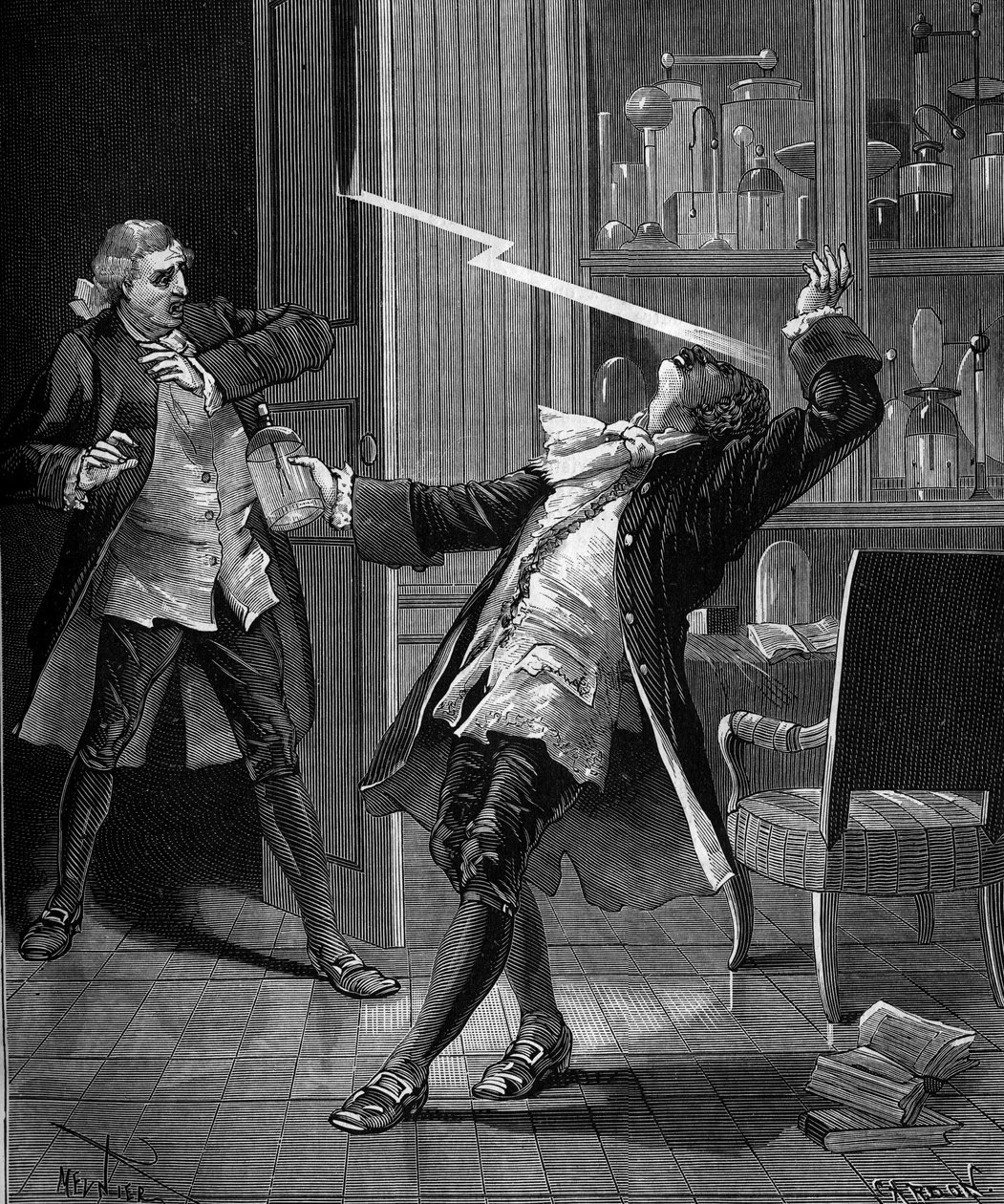 ジョルジュ・ギヨーム・リッチマン教授（1711-1753）は、電気計の実験後、作業場で亡くなった。 作： フランス語学校