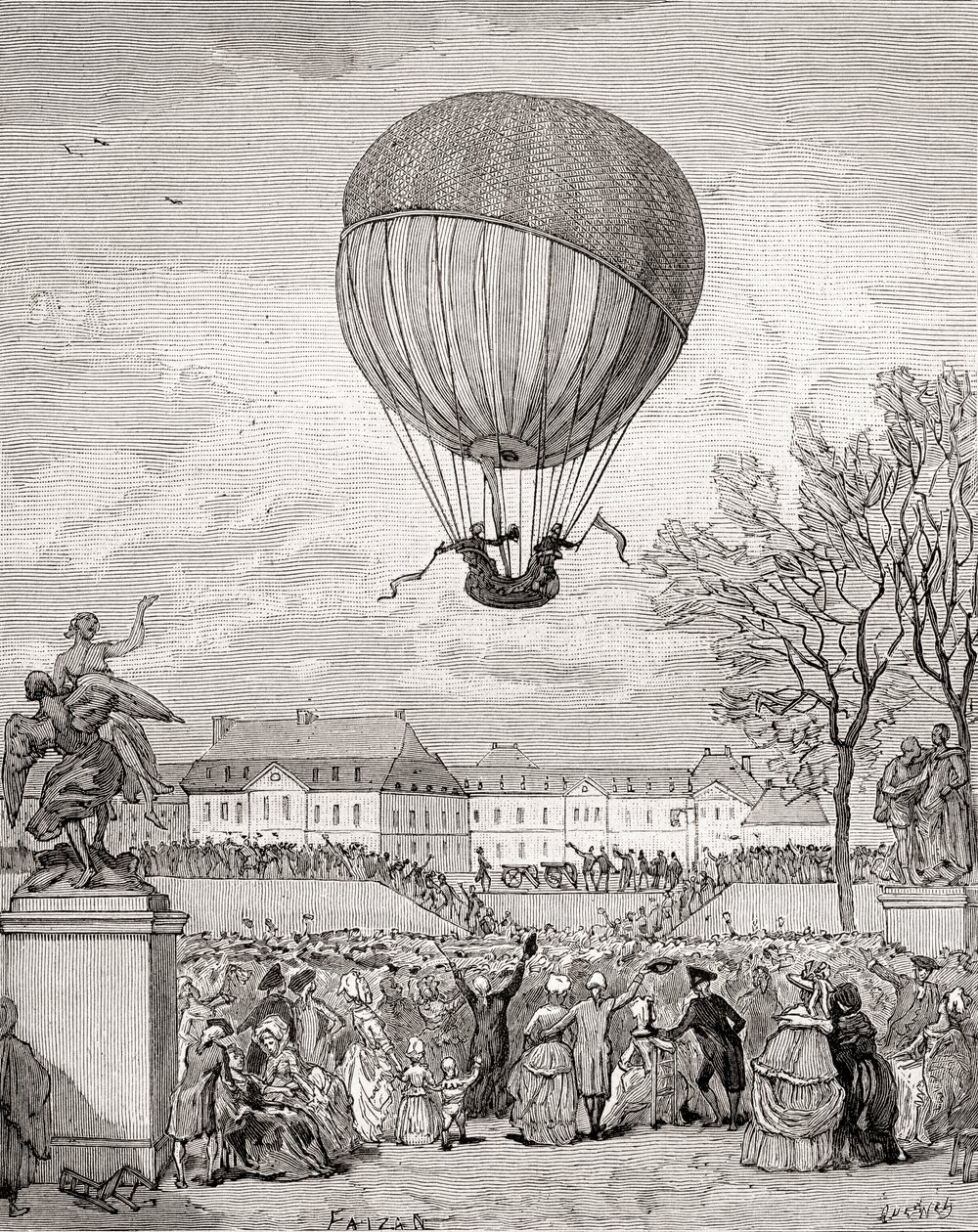 1783年12月1日、パリのトゥイユリー公園で世界初の有人水素気球を飛ばすジャック・シャルル教授とニコラ＝ルイ・ロベール（1880年頃発行の「Histoire de France」より 作： フランス語学校