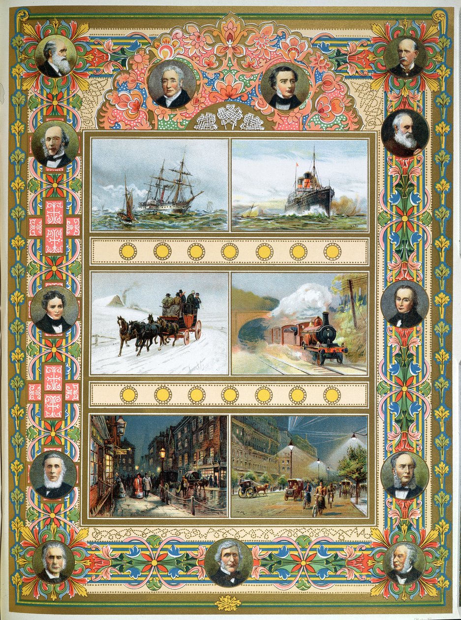 ビクトリア女王の治世中の進歩（1819-1901）。帆船、蒸気船、蒸気機関車、ガスおよび電気街路照明、1887 作： フランス語学校