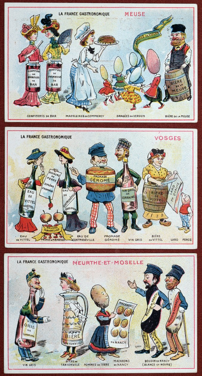1910年頃、ロレーヌ地方の名物料理を描いた子供向けの宣伝カードと教育カード 作： フランス語学校