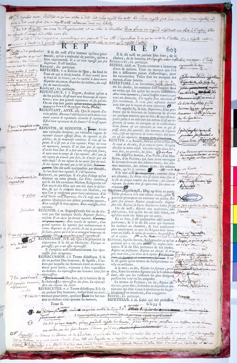 フレンチアカデミー辞書の改訂版（紙にインク）の校正ページ（179945も参照） 作： フランス語学校