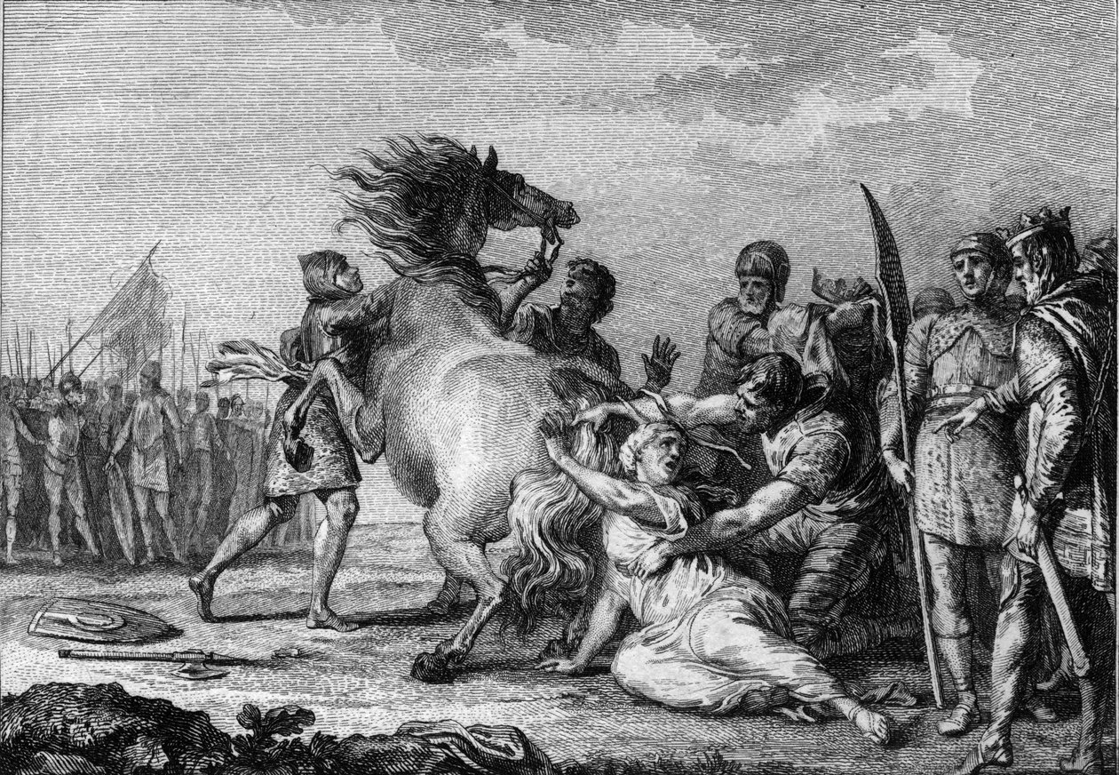 ブリュネハウの処罰（613年）：アウストラシアの女王ブリュネハウまたはブリュネヒルデ（543-613）は、地面に引きずり込まれる前に、不屈の馬の尾に付けられている。18世紀のエングレーヴィング。 作： フランス語学校