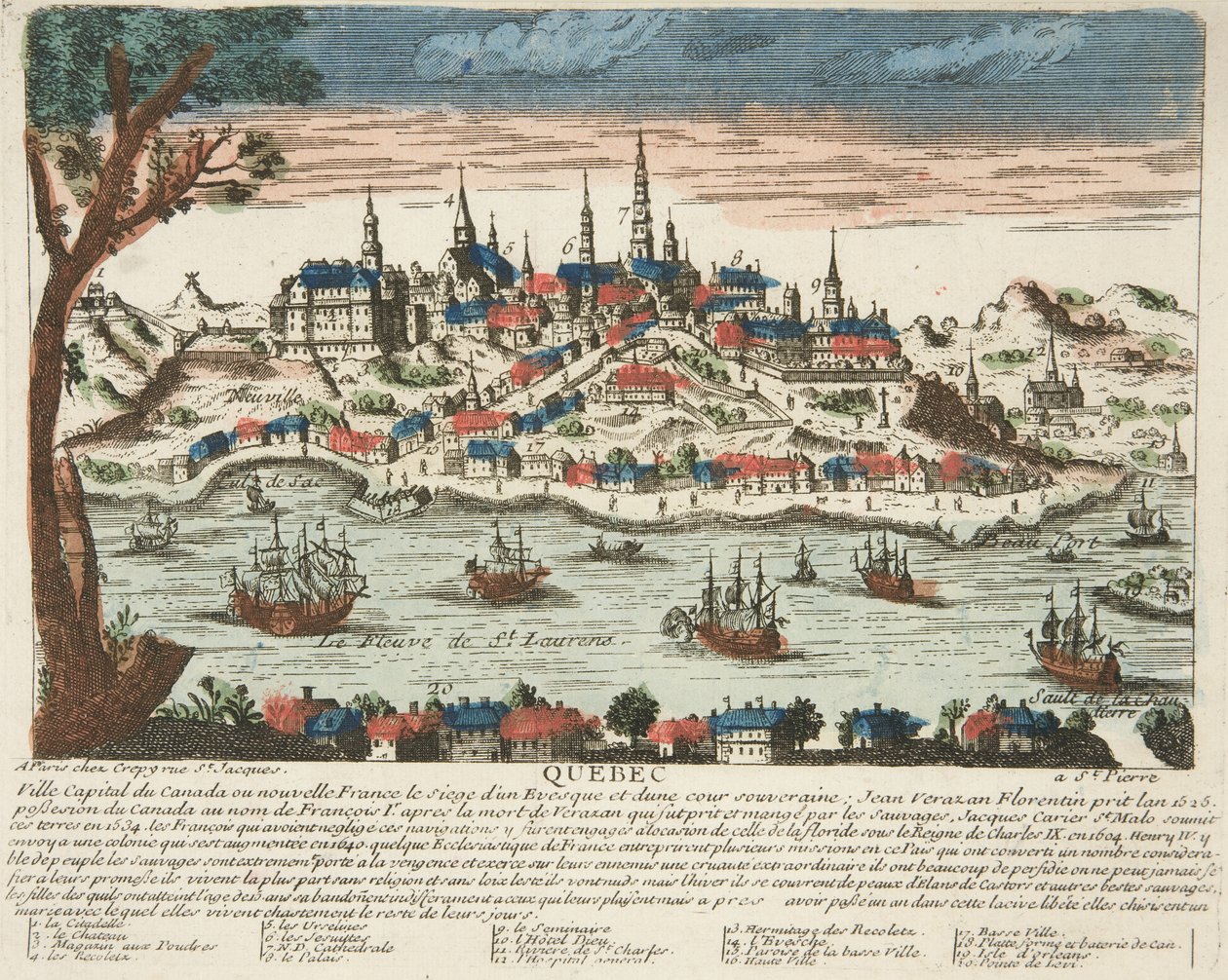 ケベック、パブ。C. 1650（手彩色の彫刻）。 作： フランス語学校