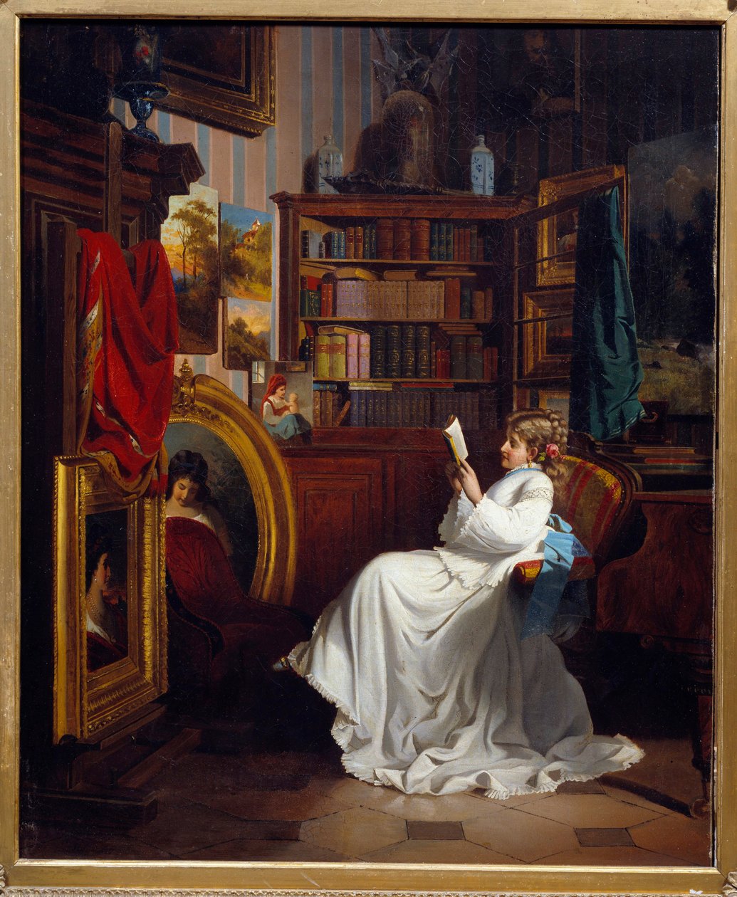 オフィスで本を読む少女の姿。フランス派の絵画。19世紀 個人蔵 作： フランス語学校
