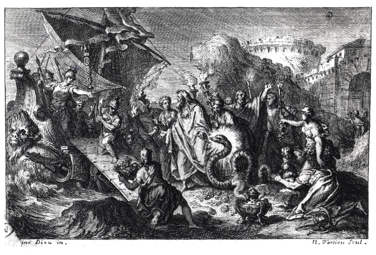 紀元前293年にギリシャからローマにカルトが到着したときのヘビとしてのアスクレピオスの生まれ変わり 作： フランス語学校