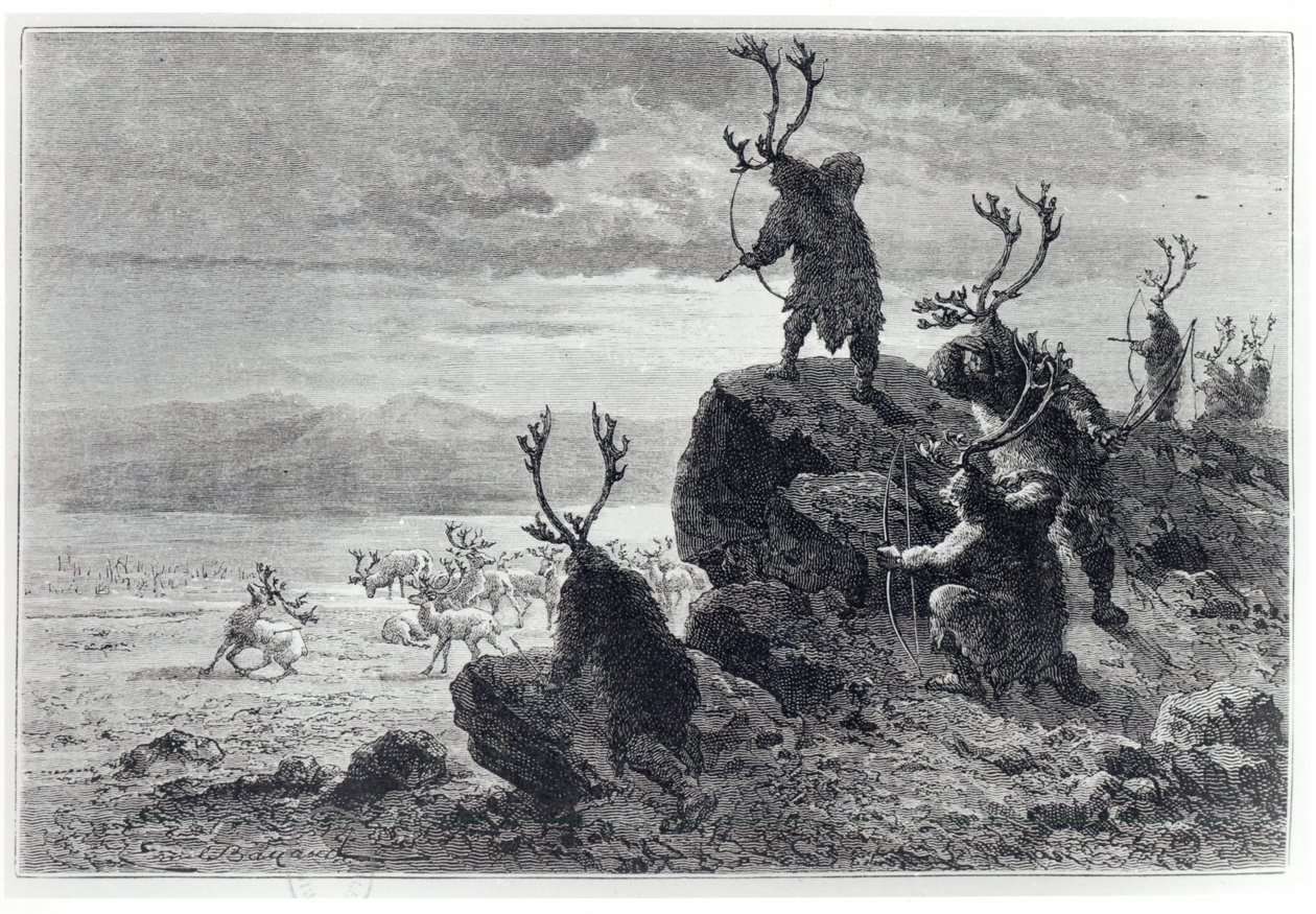 石器時代のトナカイ狩り、LHomme Primitifのイラスト、ルイフィギエ（1819-94）、アシェット発行、1870年 作： フランス語学校