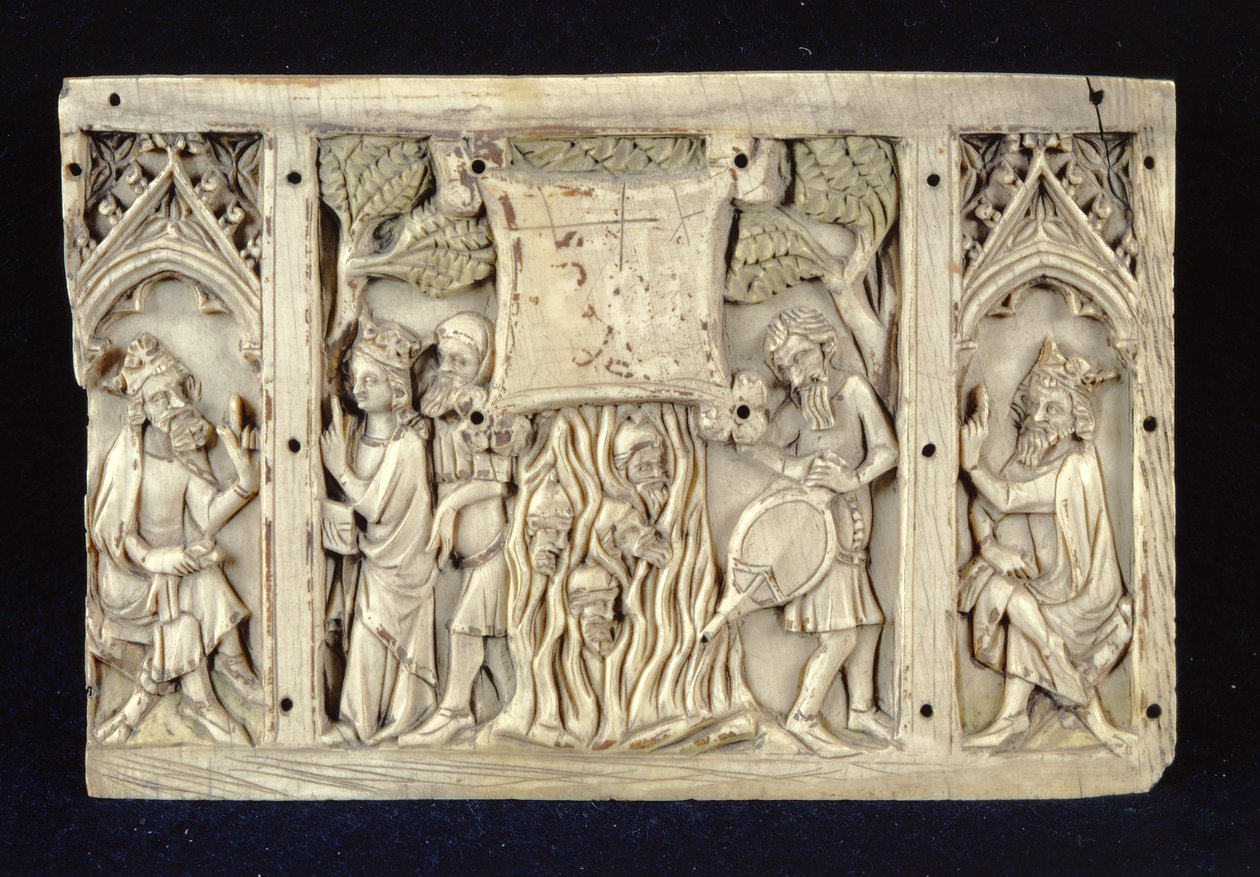 アレクサンドリアの聖カタリナの生涯からの場面を描いたレリーフ、c.1370-80 作： フランス語学校