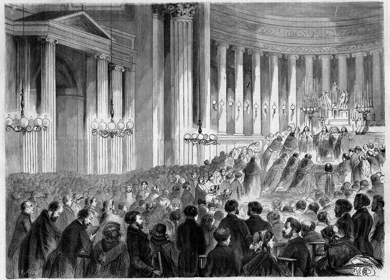 宗教儀式、パリ、ノエル1857年：マドレーヌ教会での真夜中のミサのお祝い。1月2日付「Le Monde Illustré」38号に掲載された図版 作： フランス語学校
