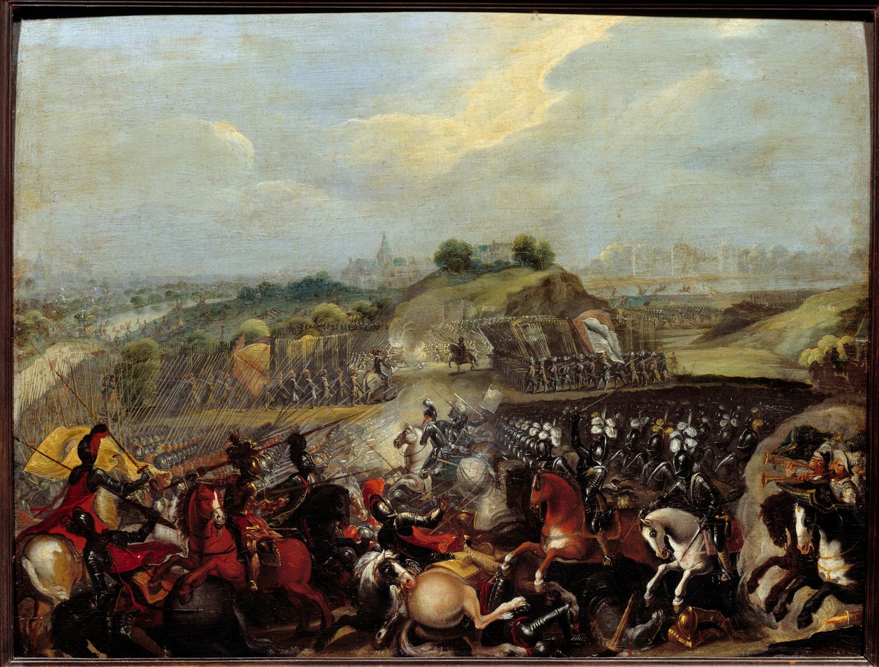 宗教戦争：「ヘンリー4世 at the Battle of Ivry on 14/03/1590」1590年3月14日のイヴリーの戦いでは、カトリック同盟に対する王室軍の勝利が見られた。そこでは、王の大臣であるサリー公マクシミリアン・オブ・ベスーンが負傷した。フレンの絵 作： フランス語学校
