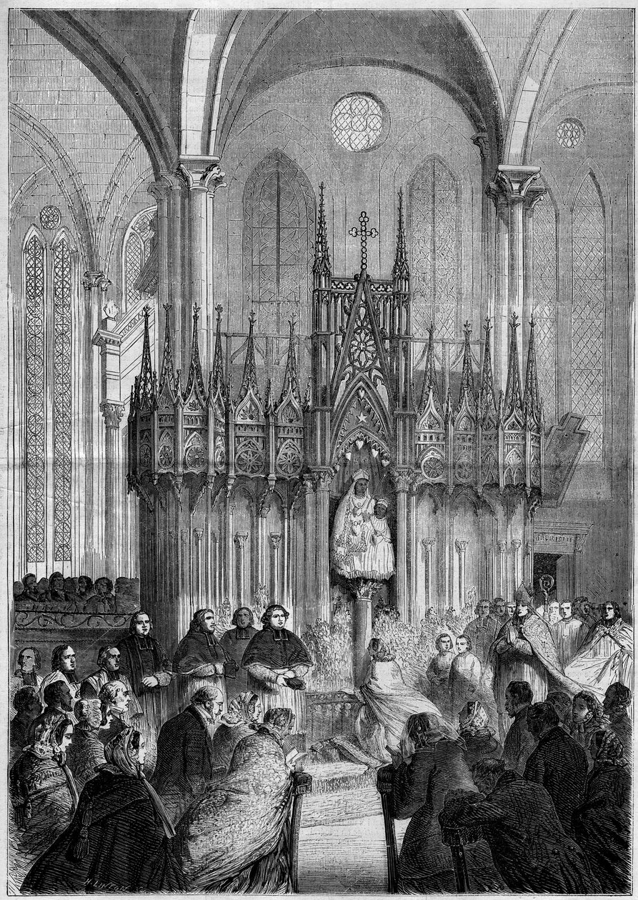 宗教美術：1858年、シャルトル大聖堂（Eure et Loire, 28）にあるノートルダム・デュ・ピラーまたは「ヴィルゴ・ノワール」（1540年頃）の像。1858年12月25日付「Le Monde Illustré」89号に掲載されたエングレーヴィング。 作： フランス語学校