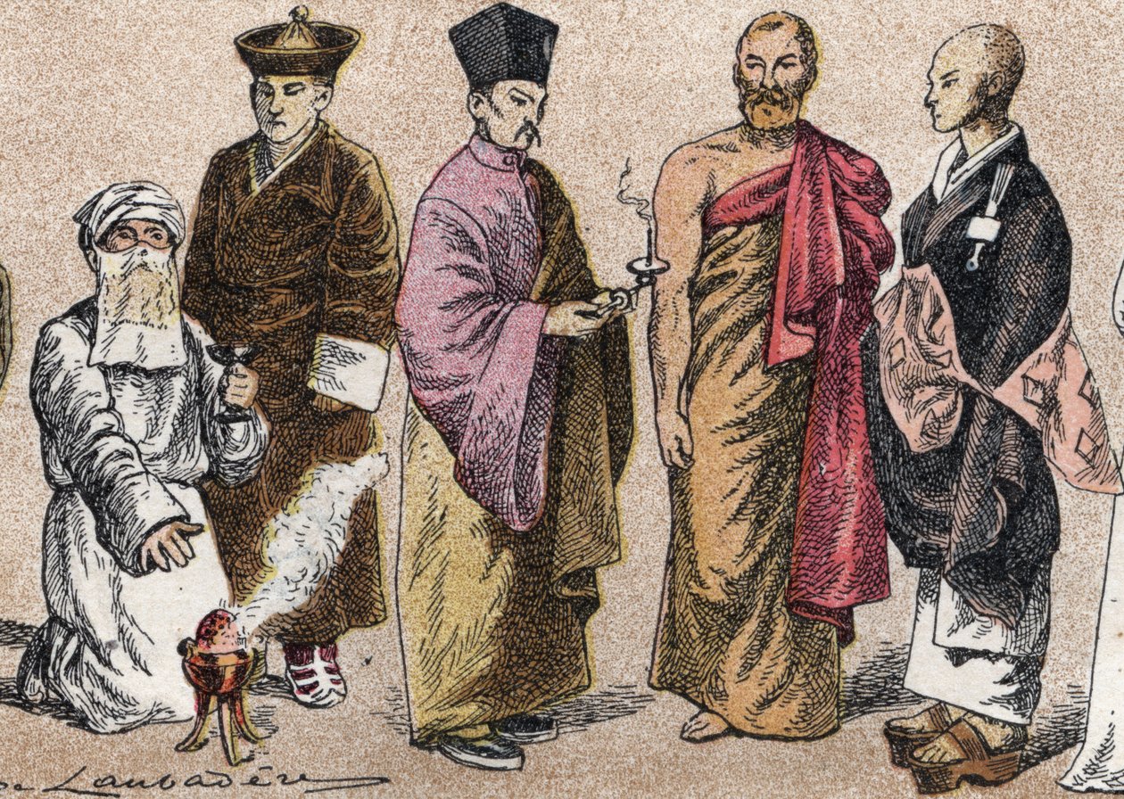 Trajes religiosos da Ásia: de g a d retrato de um padre Parsi (parse ou seguidor do parsismo), Lama (mestre espiritual tibetano), padre budista chinês, bonze do Ceilão e padre budista japonês - Gravura - Trajes religiosos na Ásia: da esquerda para a plataf 作： フランス語学校