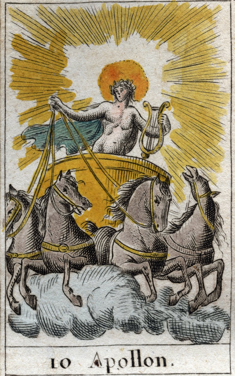 歌、音楽、詩の神であるアポロンが戦車に乗っている様子を表現したもの（Apollo, God of light, music,  poetry）。ピエール・ブランシャール1803年の「青年の神話」より。, 画像サイズ:787x1260