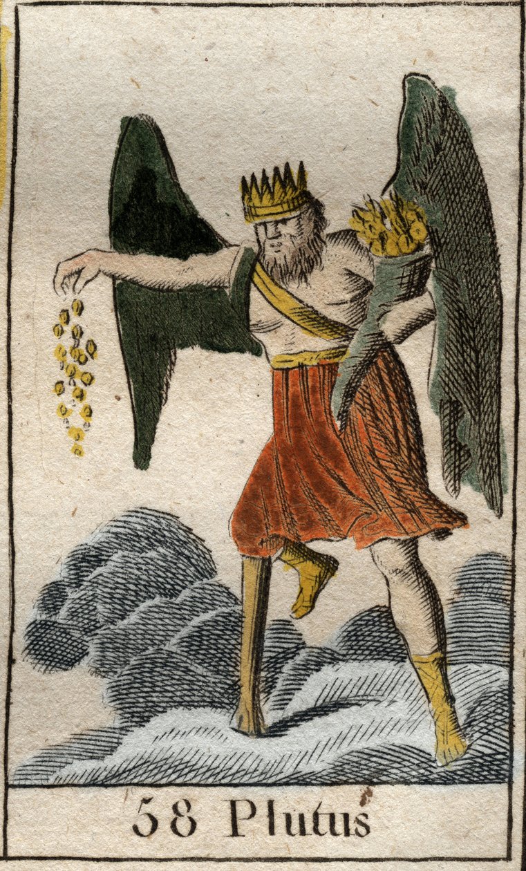 Darstellung von Plutus (Ploutos), Gott des Reichtums, er ist gekrönt und blind, wirft Geschenke zufällig. Aus „Mythologie de la jeunesse“ von Pierre Blanchard 1803. von French School