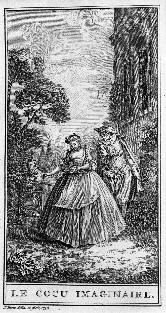 Jean Baptiste Poquelin dit Moliere（1622-1673）の作品「Sganarelle ou le cuckold imaginaire」（1660年）の一場面を表現したもの。1738年のエングレーヴィング。 作： フランス語学校