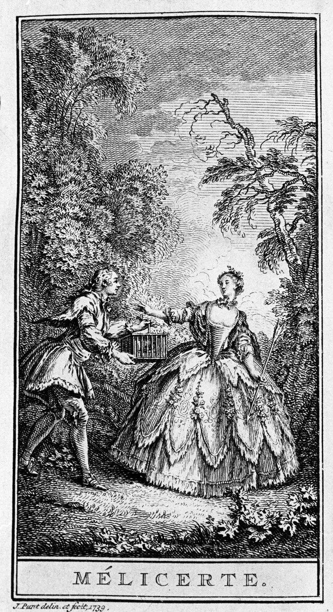 Jean Baptiste Poquelin dit Moliere（1622-1673）の作品「Melicerte」（1666年）の一場面を表現したもの。1739年のエングレーヴィング。 作： フランス語学校