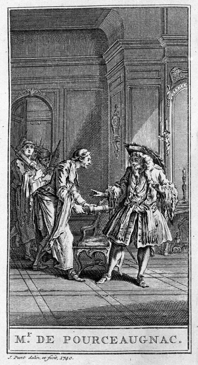 Jean Baptiste Poquelin dit Moliere（1622-1673）の作品「Monsieur de Pourceaugnac」（1669年）の一場面を表現したもの。1740年のエングレーヴィング。 作： フランス語学校