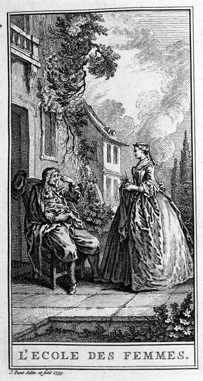 Jean Baptiste Poquelin dit Moliere (1622-1673)の戯曲「女の学校」（1662年）の一場面を描いたもの。1739年のエングレーヴィング。 作： フランス語学校