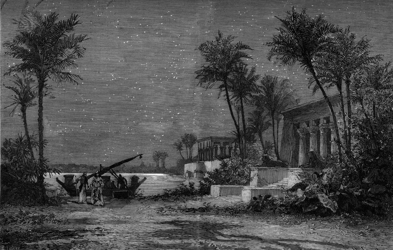 オペラ：ジュゼッペ・ヴェルディ（1813-1901）の「アイーダ」を表現しています。ナイル川の岸辺（第3幕）。ジャン・ルイ・シェレ(1820-1882)による装飾。4月3日付「Le Monde Illustré」1201号に掲載されたスコットによるエングレーヴィング。 作： フランス語学校