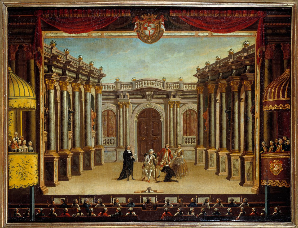 ジャン・バティスト・ポケリン・ディット・モリエール（1622-1673）の「架空のマラド」をスペインのミノルカ劇場で表現したもの、シーンの様子。匿名の絵画 作： フランス語学校