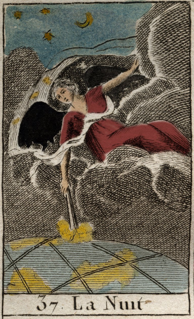 闇の女神「夜（ニュクス）」の表現。ニュクス（夜）、暗闇の女神）。ピエール・ブランシャール1803年の「青年の神話」より。 作： フランス語学校