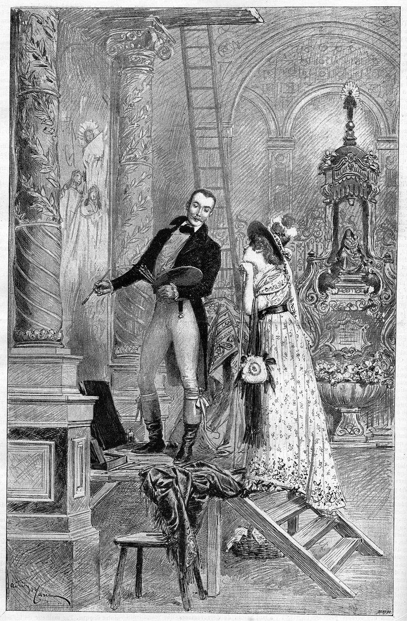 1887年にサン・マルタン門劇場で上演されたヴィクトール・サルドーのドラマ「トスカ」を表現したもの。ここでは第1幕、聖アンドレア教会にデュメニーとサラ・ベルナール（1844-1923）と呼ばれるアンリエット・ロジーヌ・ベルナールがいる 作： フランス語学校