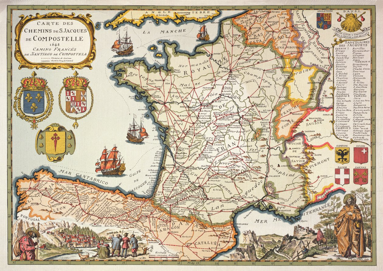 D.Serveaux 1648によって最初に刻まれた、コンポステルのセントジェームスのルートの地図の複製 作： フランス語学校