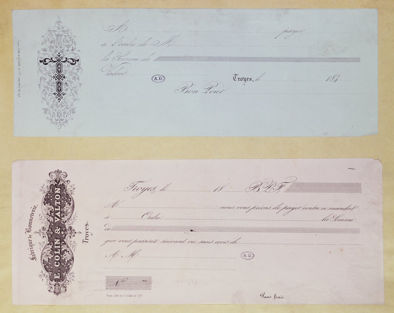 1840年代にトロワで発行された支払い要求 作： フランス語学校