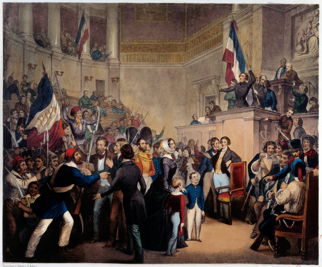 1848年の革命。オルレアン公爵夫人が摂政権を得るために、子供たちを連れて代議員会（国民議会）に出頭（2月24日 作： フランス語学校