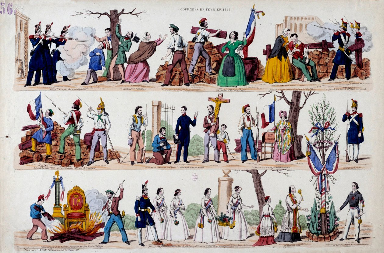 1848年2月の革命：2月23日の蜂起の偉大な瞬間、バリケード、次に兵士、労働者、ブルジョアの友愛、ルイ・フィリップ1世（Louis-Philippe）の権力の象徴の破壊、そして最後には 作： フランス語学校