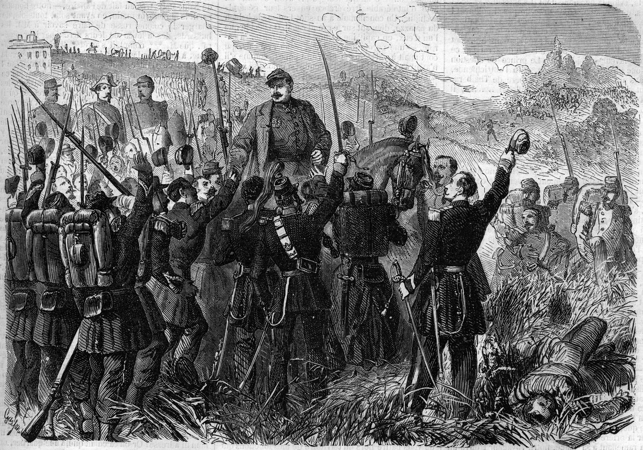 リソルジメント - モンテベロ・デッラ・バッタリア（イタリア）の戦い、1859年5月21日。イタリア軍の司令官であるフランス人将軍エリー・フレデリック・フォレイ（1804 - 1872）は、オーストリア軍に勝利した後、兵士たちに凱旋された。Le Monde Illu」に掲載されたエングレーヴィング 作： フランス語学校
