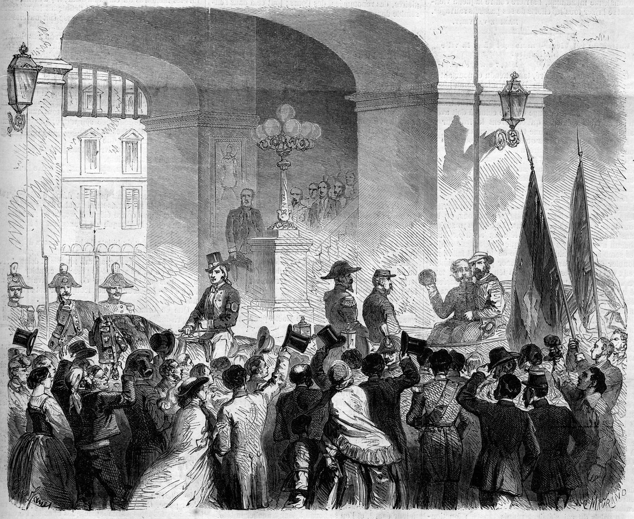 リソルジメント、ナポリ、1860年11月7日：ナポリをイタリア王国に併合することを認める住民投票の後、イタリア王ヴィクトル・エマニュエル2世（ヴィクトル・エマニュエル）（ヴィットリオ・エマニュエル）（1820-1878）がナポリ王宮に入場する。 作： フランス語学校