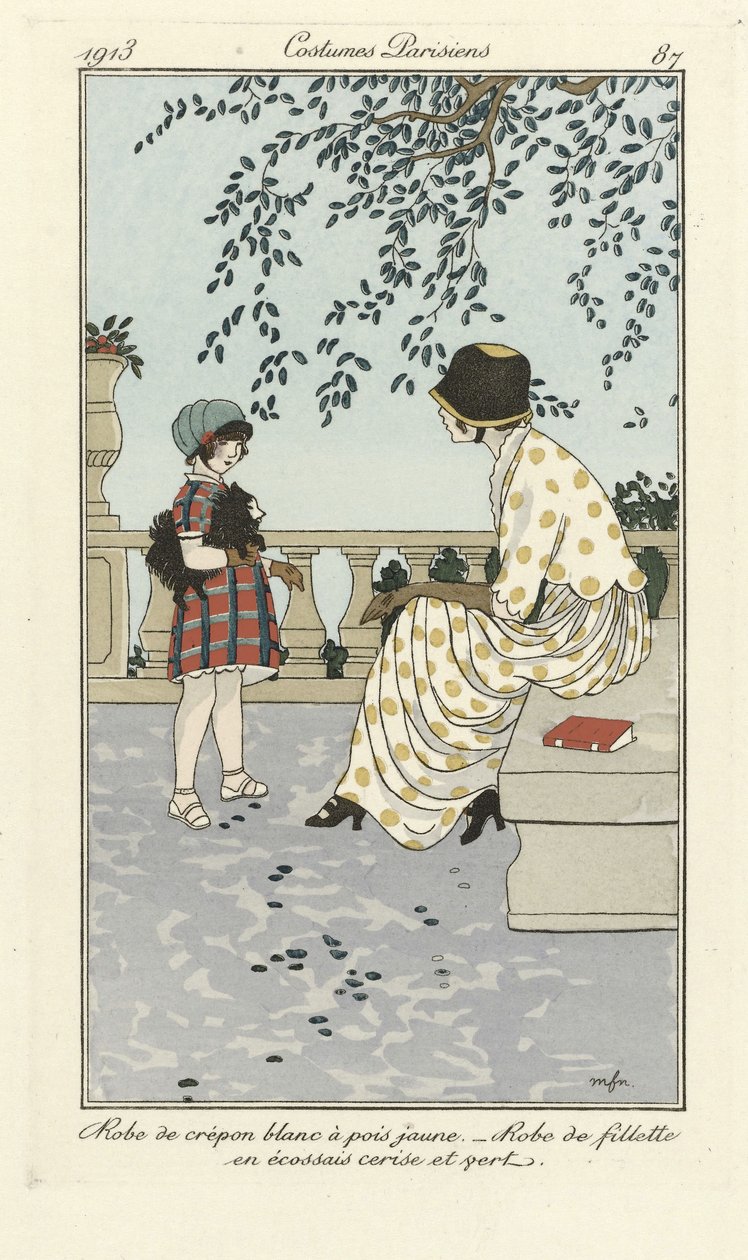 黄色の水玉模様の白いクレポン・ドレス - チェリーとグリーンのタータンチェックの少女用ドレス（『Costumes Parisien』1913年刊より）（ステンシルプリント 作： フランス語学校