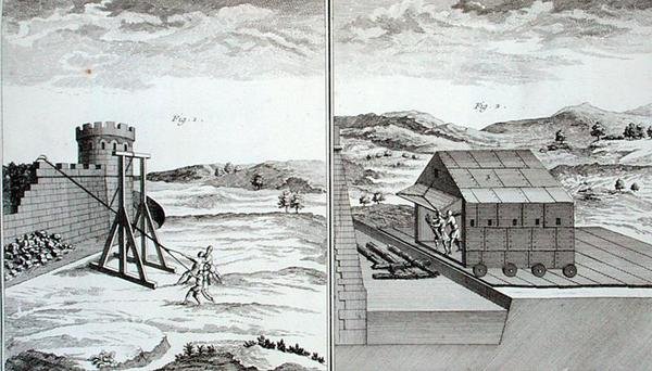 1770年頃に出版されたDenis Diderot(1713-84)の「Encyclopedie des Sciences et Metiers」に掲載されているローマの包囲機械(エングレーヴィング) 作： フランス語学校